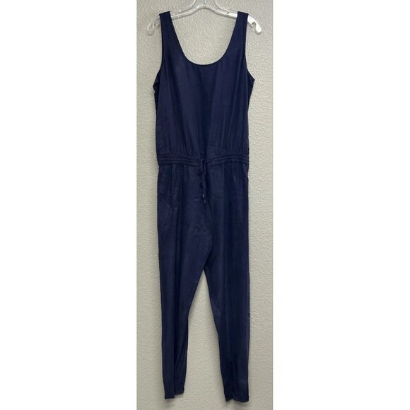 VINCE Jumpsuit Navy Blue Silky Drawstring Waist Pockets Size 10 Cupro - Picture 1 of 11